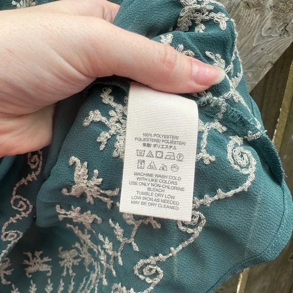 Free People Boho Pennies Sequel Teal Blue Green Embroidered Bell Sleeve Blouse - Picture 6 of 9